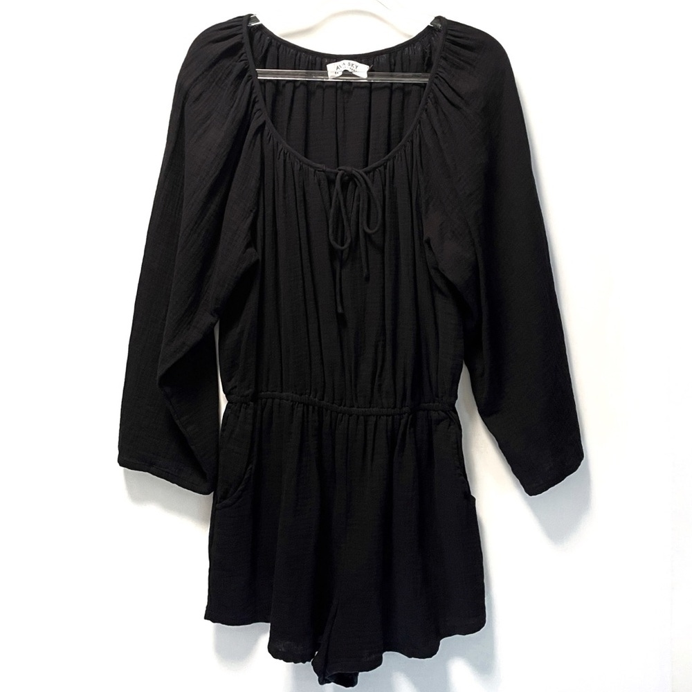 Ava Sky Cotton Romper Long Sleeve Solid Black